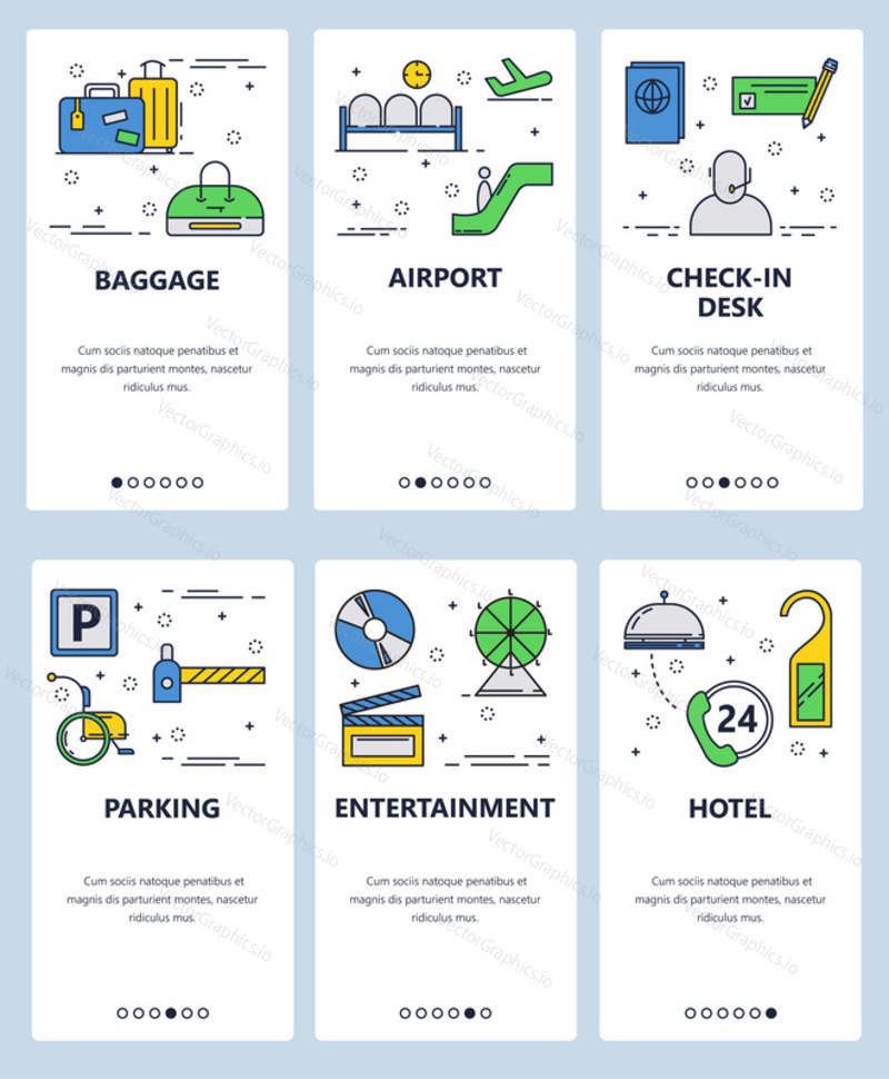 Vector set of mobile app onboarding screens. Baggage, Airport, Check-in desk, Parking, Entertainment, Hotel web templates and banners. Thin line art flat icons for website menu.