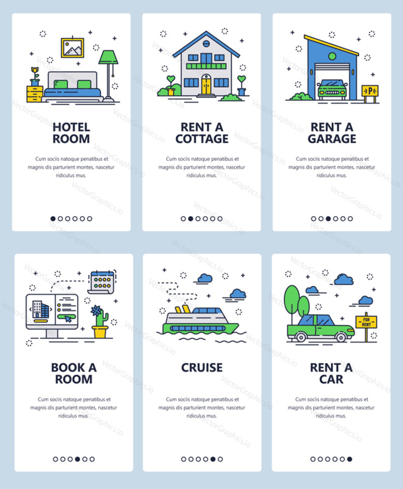 Vector set of mobile app onboarding screens. Hotel room, Rent a car, cottage and garage, Book a room, Cruise web templates and banners. Thin line art flat icons for website menu.