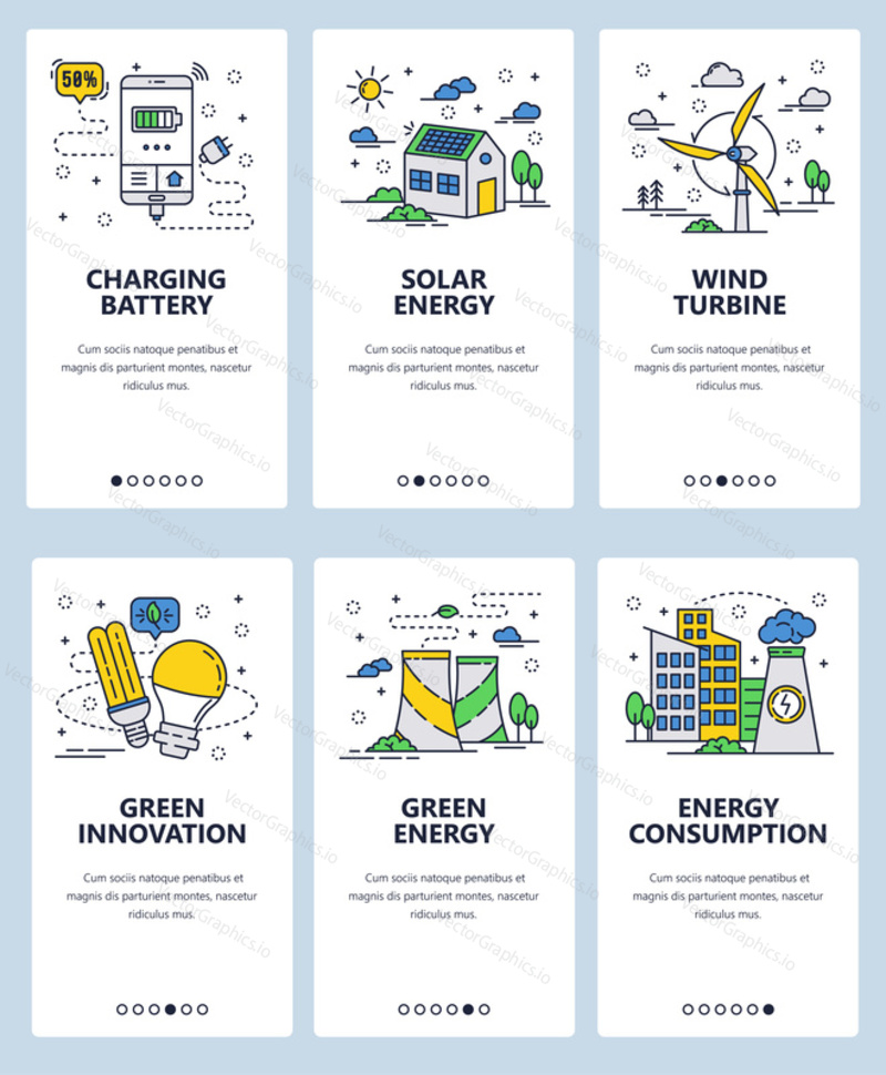 Vector set of mobile app onboarding screens. Charging battery, Solar energy, Wind turbine, Green innovation, Green energy, Energy consumption web templates, banners. Thin line art flat icons for web.