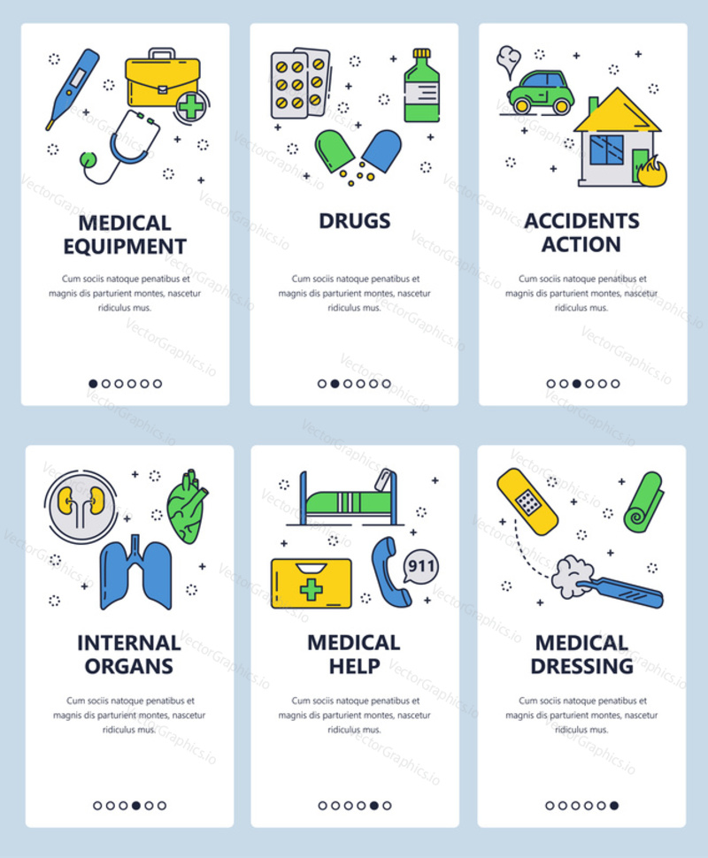 Vector set of mobile app onboarding screens. Medical equipment and dressing, Drugs, Accidents action, Internal organs, Medical help web templates, banners. Thin line art flat icons for website menu.