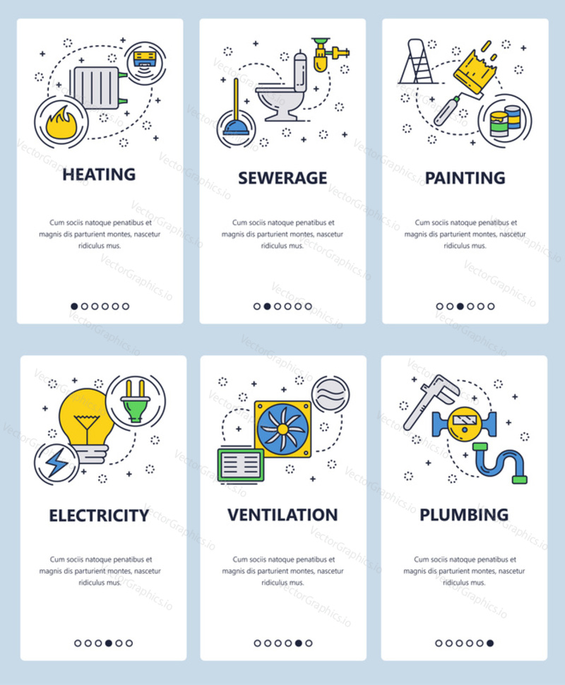 Vector set of mobile app onboarding screens. Heating, Sewerage, Painting, Electricity, Ventilation, Plumbing web templates and banners. Thin line art flat icons for website menu.