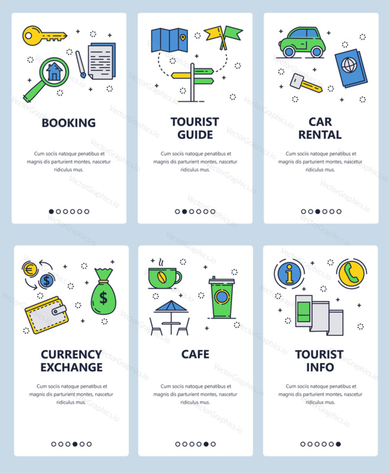 Vector set of mobile app onboarding screens. Booking, Tourist guide, Car rental, Currency exchange, Cafe, Tourist info web templates and banners. Thin line art flat icons for website menu.