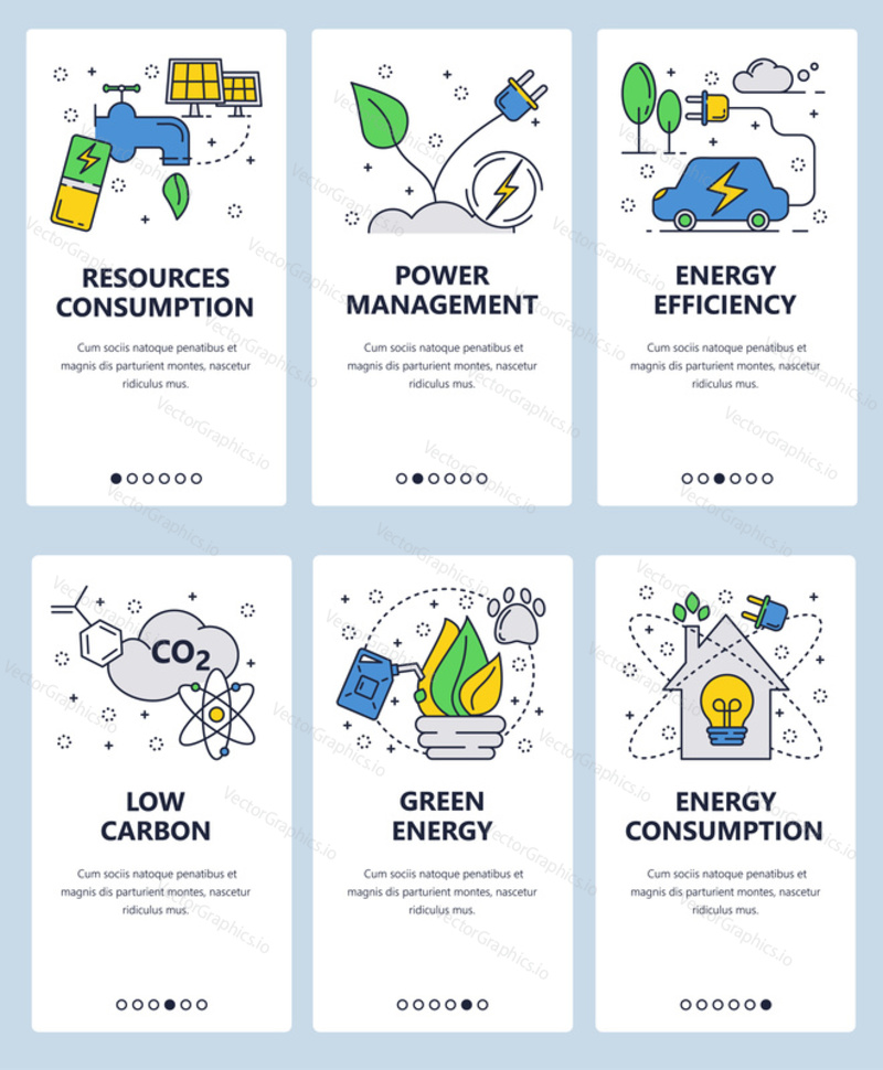 Vector set of mobile app onboarding screens. Resources consumption, Power management, Energy efficiency, Low carbon, Green energy web templates and banners. Thin line art flat icons for website menu.