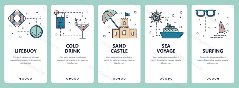 Vector set of vertical banners with Lifebuoy, Cold drink, Sand castle, Sea voyage, Surfing website and mobile app templates. Modern thin line flat style design.