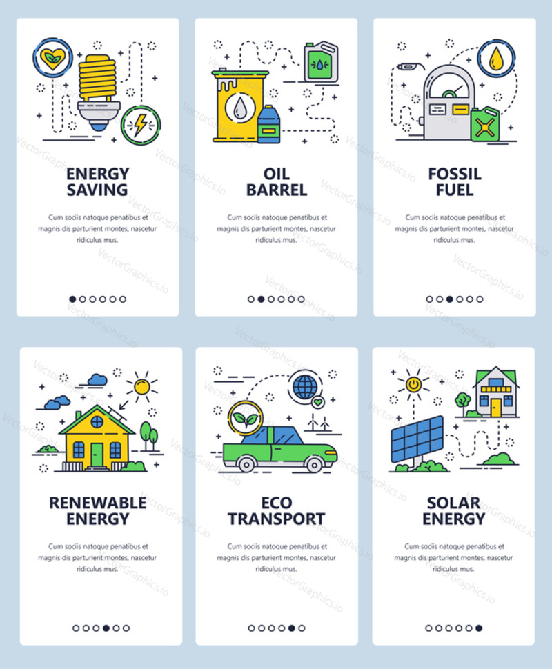 Vector set of mobile app onboarding screens. Energy saving, Oil barrel, Fossil fuel, Renewable energy, Eco transport, Solar energy web templates and banners. Thin line art flat icons for website menu.