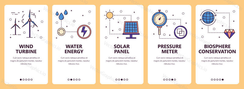 Vector set of vertical banners with Wind turbine, Water energy, Solar panel, Pressure meter, Biosphere conservation website and mobile app templates. Modern thin line flat style design.