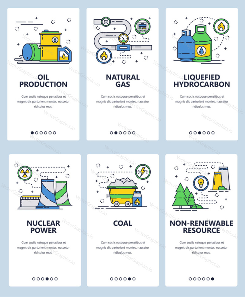 Vector set of mobile app onboarding screens. Oil production, Natural gas, Liquefied hydrocarbon, Nuclear power, Coal, Non-renewable resource web templates, banners. Thin line art flat icons for web.