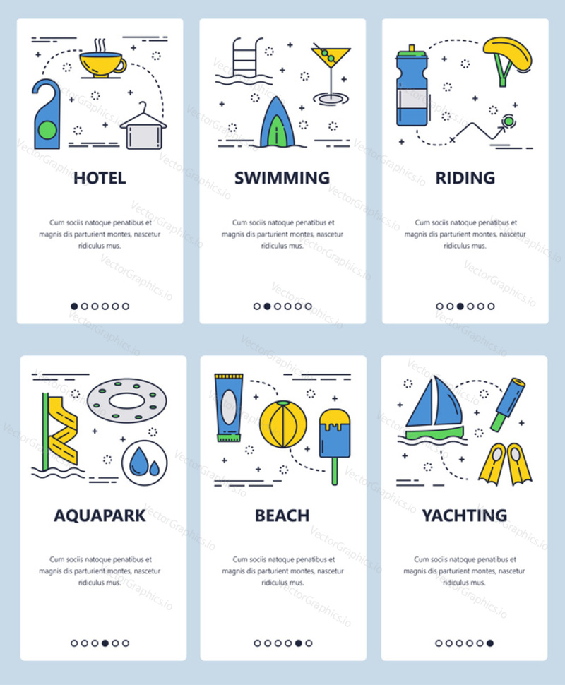 Vector set of mobile app onboarding screens. Hotel, Swimming, Riding, Aquapark, Beach, Yachting web templates and banners. Thin line art flat icons for website menu.