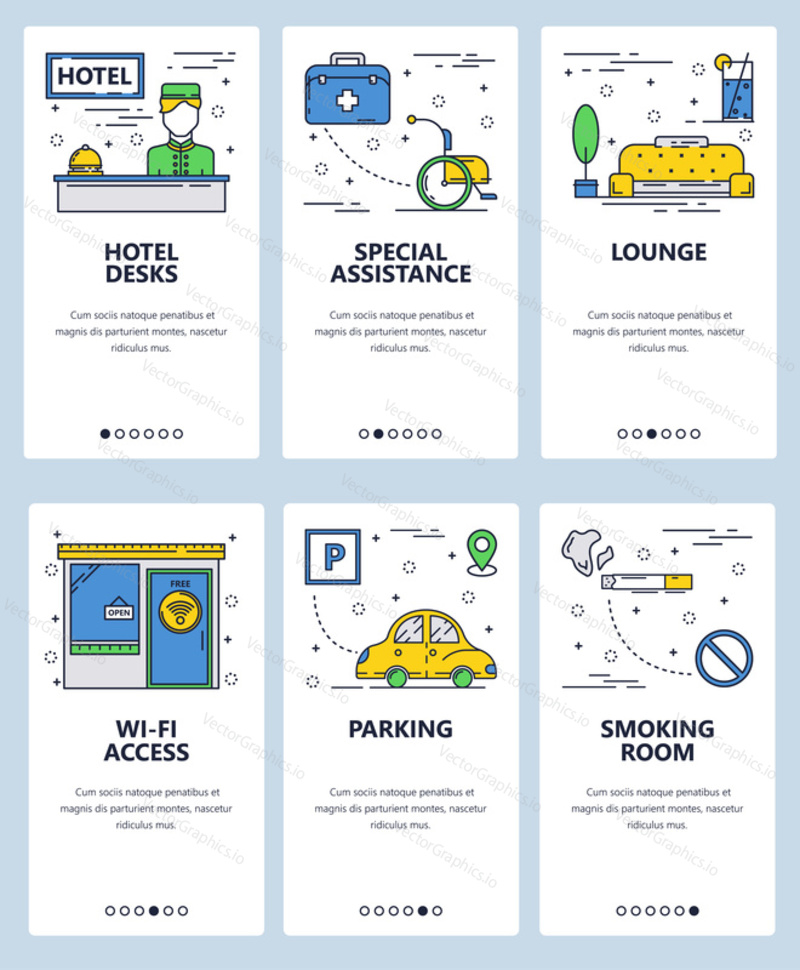 Vector set of mobile app onboarding screens. Hotel desk, Special assistance, Lounge, Wi-fi access, Parking, Smoking room web templates and banners. Thin line art flat icons for website menu.