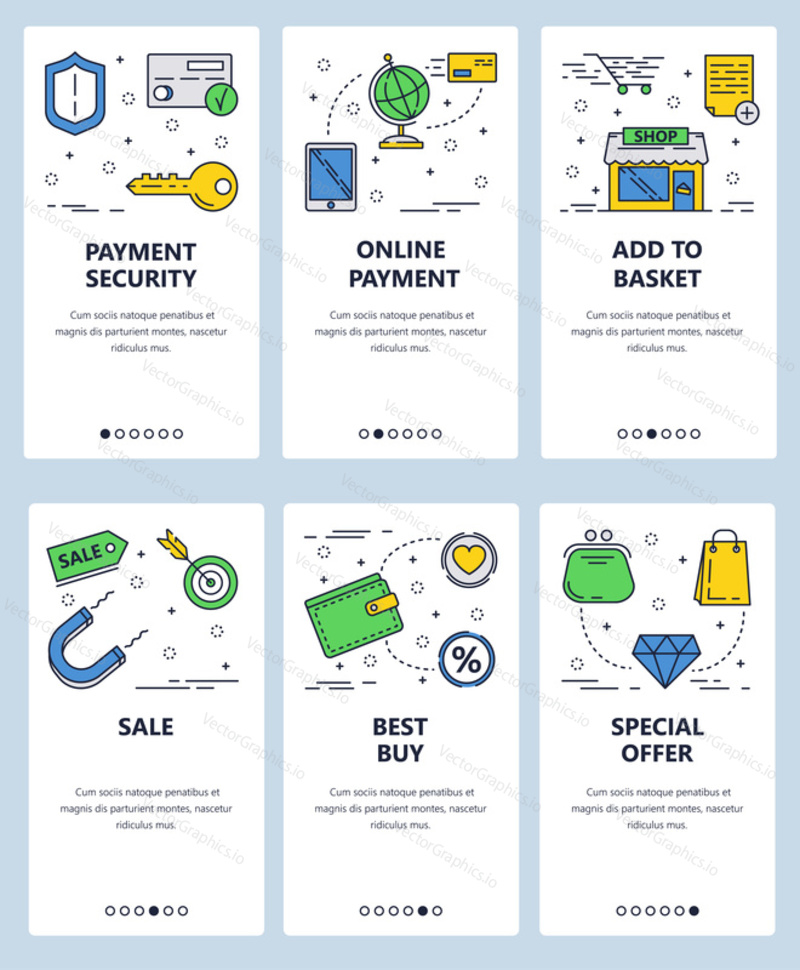 Vector set of mobile app onboarding screens. Payment security, Online payment, Add to basket, Sale, Best buy, Special offer web templates and banners. Thin line art flat icons for website menu.