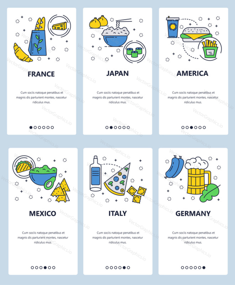 Vector set of mobile app onboarding screens. France, Japan, America, Mexico, Italy, Germany web templates and banners. Thin line art flat icons for website menu.