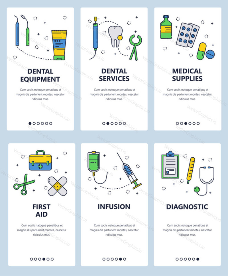 Vector set of mobile app onboarding screens. Dental equipment and services, Medical supplies, First aid, Infusion, Diagnostic web templates and banners. Thin line art flat icons for website menu.