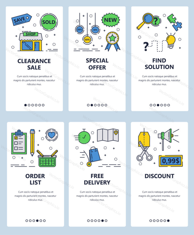 Vector set of mobile app onboarding screens. Clearance sale, Special offer, Find solution, Order list, Free delivery, Discount web templates and banners. Thin line art flat icons for website menu.