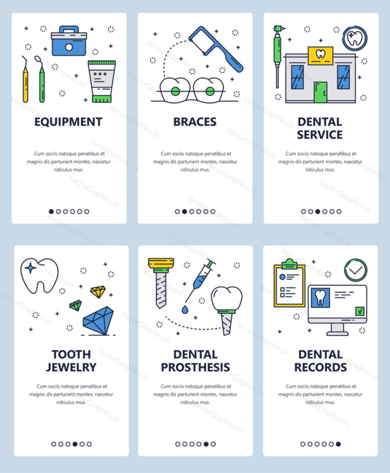 Vector set of mobile app onboarding screens. Equipment, Braces, Dental service, Tooth jewelry, Dental prosthesis and records web templates and banners. Thin line art flat icons for website menu.