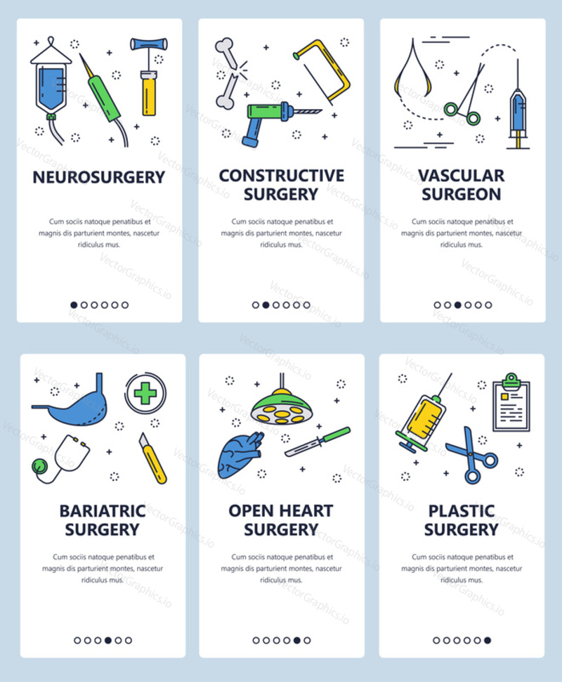 Vector set of mobile app onboarding screens. Neurosurgery, Vascular surgeon, Constructive, bariatric, open heart and plastic surgery web templates, banners. Thin line art flat icons for website menu.