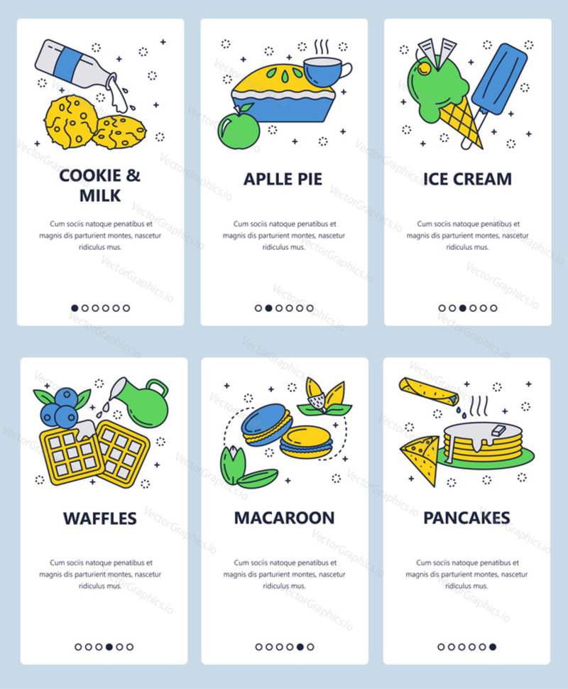 Vector set of mobile app onboarding screens. Cookie and milk, Apple pie, Ice cream, Waffles, Macaroon, Pancakes web templates and banners. Thin line art flat icons for website menu.