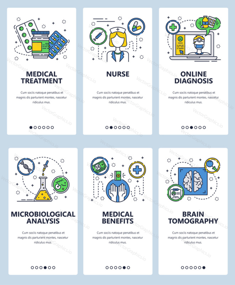 Vector set of mobile app onboarding screens. Medical treatment and benefits, Nurse, Online diagnosis, Microbiological analysis, Brain tomography web templates banners. Thin line art flat icons for web