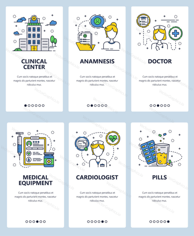 Vector set of mobile app onboarding screens. Clinical center, Anamnesis, Doctor, Medical equipment, Cardiologist, Pills web templates and banners. Thin line art flat icons for website menu.