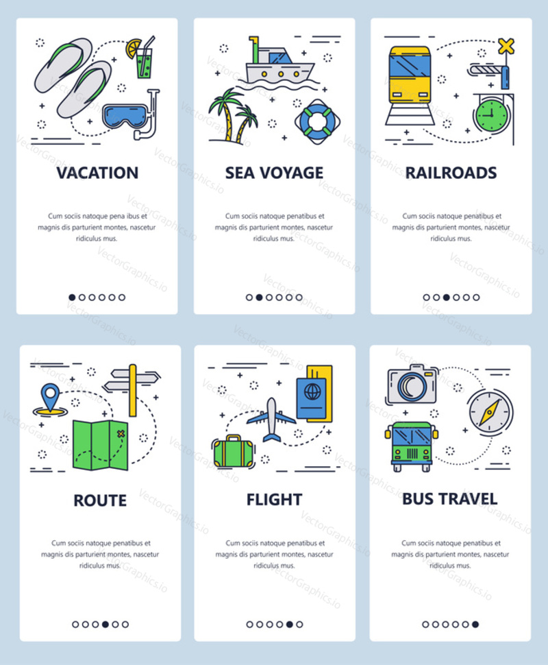 Векторный набор экранов для мобильных приложений. Отпуск, Морское путешествие, Железные дороги, Маршрут, рейс, Автобусные путешествия веб-шаблоны и баннеры. Тонкие линии искусства плоские иконки для меню веб-сайта.