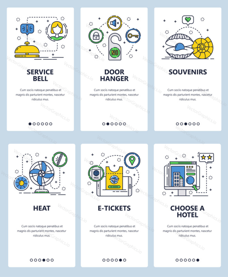 Vector set of mobile app onboarding screens. Service bell, Door hanger, Souvenirs, Heat, E-tickets, Choose a hotel web templates and banners. Thin line art flat icons for website menu.