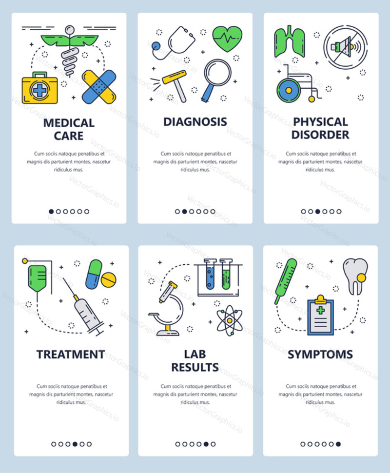 Vector set of mobile app onboarding screens. Medical care, Diagnosis, Physical disorder, Treatment, Lab results, Symptoms web templates and banners. Thin line art flat icons for website menu.