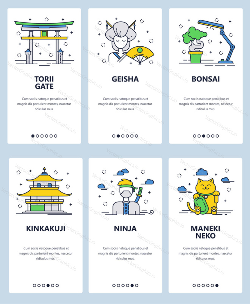 Vector set of mobile app onboarding screens. Torii gate, Geisha, Bonsai, Kinkakuji, Ninja, Maneki Neko web templates and banners. Thin line art flat icons for website menu.