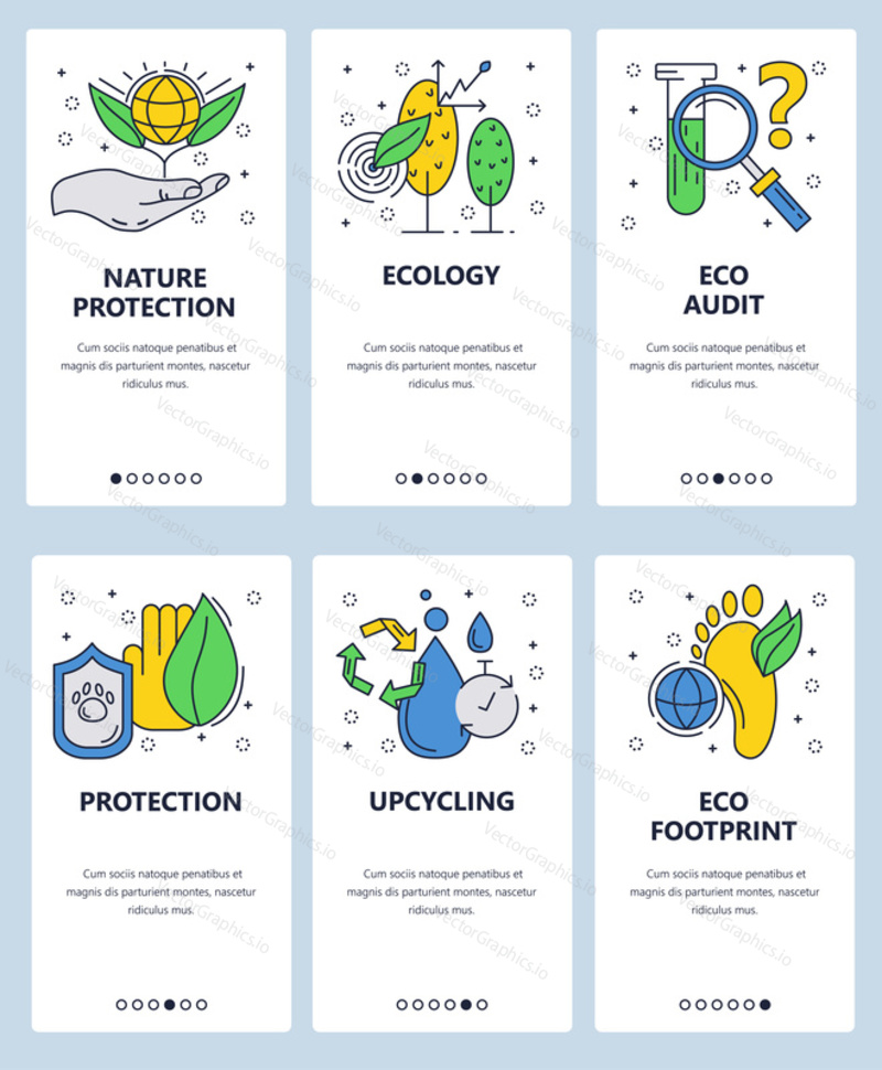 Vector set of mobile app onboarding screens. Nature protection, Ecology, Eco audit, Protection, Upcycling, Eco footprint web templates and banners. Thin line art flat icons for website menu.