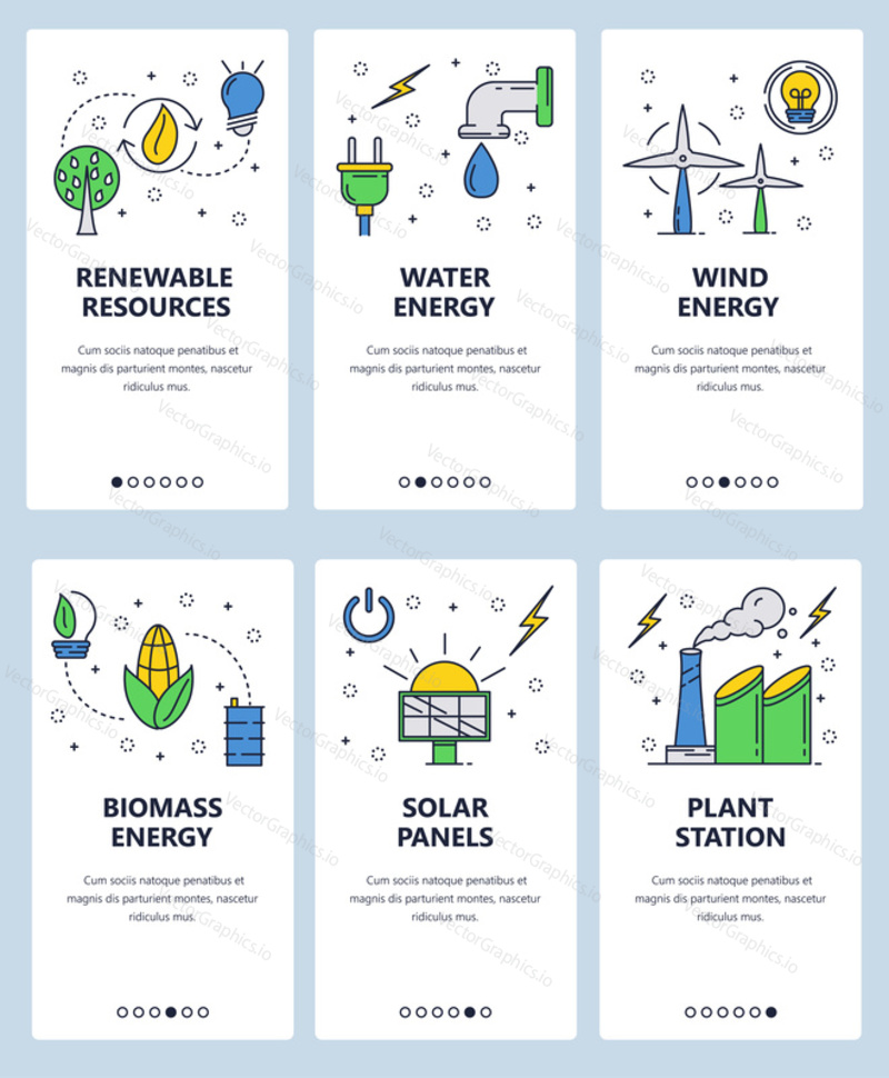 Vector set of mobile app onboarding screens. Renewable resources, Water, wind and biomass energy, Solar panels, Plant station web templates and banners. Thin line art flat icons for website menu.
