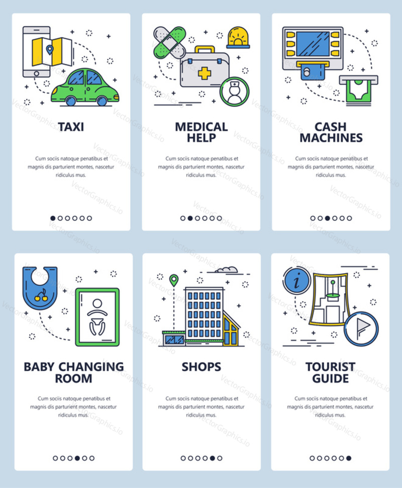 Vector set of mobile app onboarding screens. Taxi, Medical help, Cash machines, Baby changing room, Shops, Tourist guide web templates and banners. Thin line art flat icons for website menu.