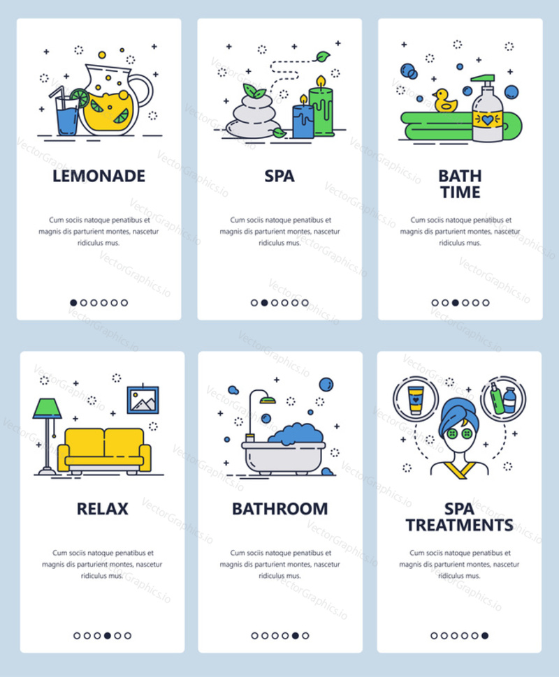 Vector set of mobile app onboarding screens. Lemonade, Spa, Bath time, Relax, Bathroom, Spa treatments web templates and banners. Thin line art flat icons for website menu.