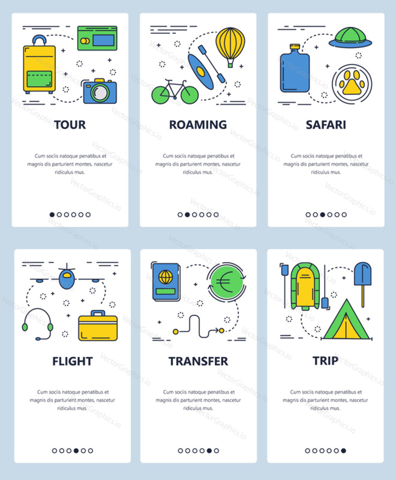 Vector set of mobile app onboarding screens. Tour, Roaming, Safari, Flight, Transfer, Trip web templates and banners. Thin line art flat icons for website menu.