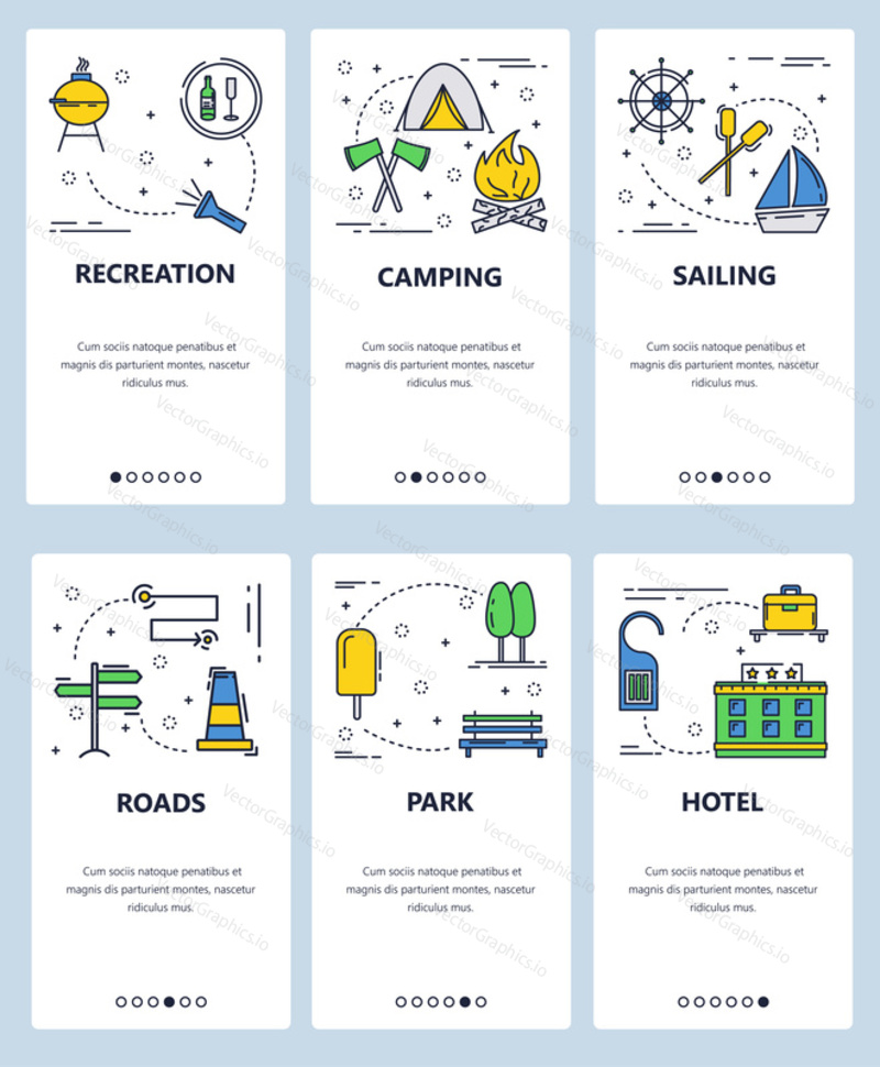 Vector set of mobile app onboarding screens. Recreation, Camping, Sailing, Roads, Park, Hotel web templates and banners. Thin line art flat icons for website menu.