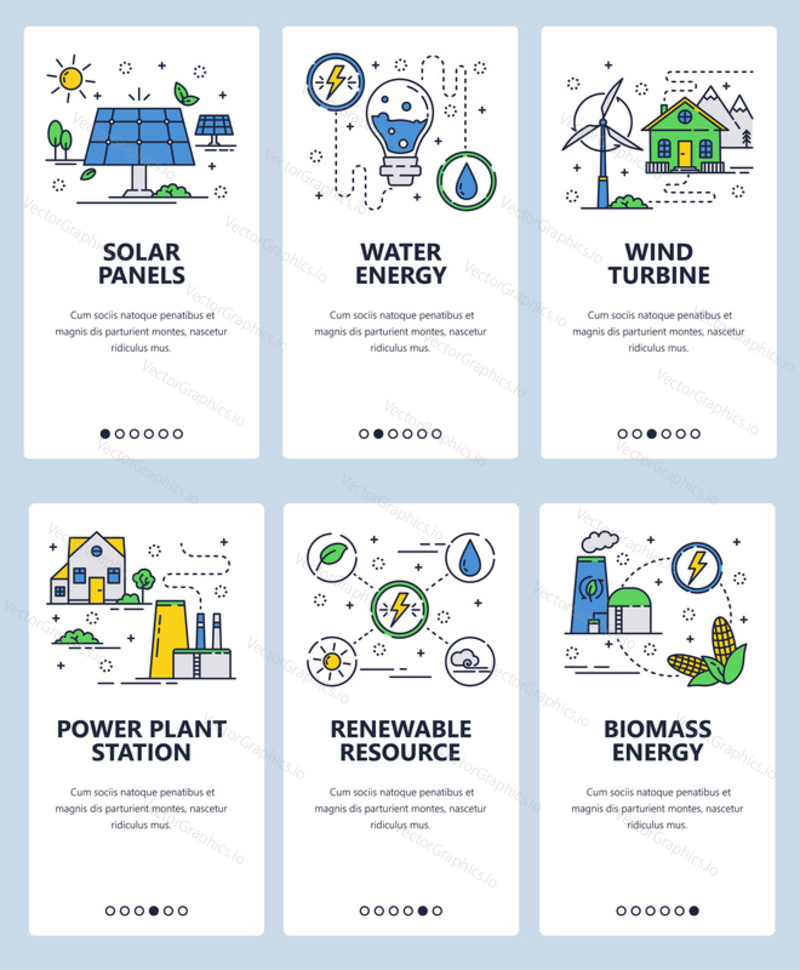 Vector set of mobile app onboarding screens. Solar panels, Water and biomass energy, Wind turbine, Power plant station, Renewable resource web templates and banners. Thin line art flat icons for web.