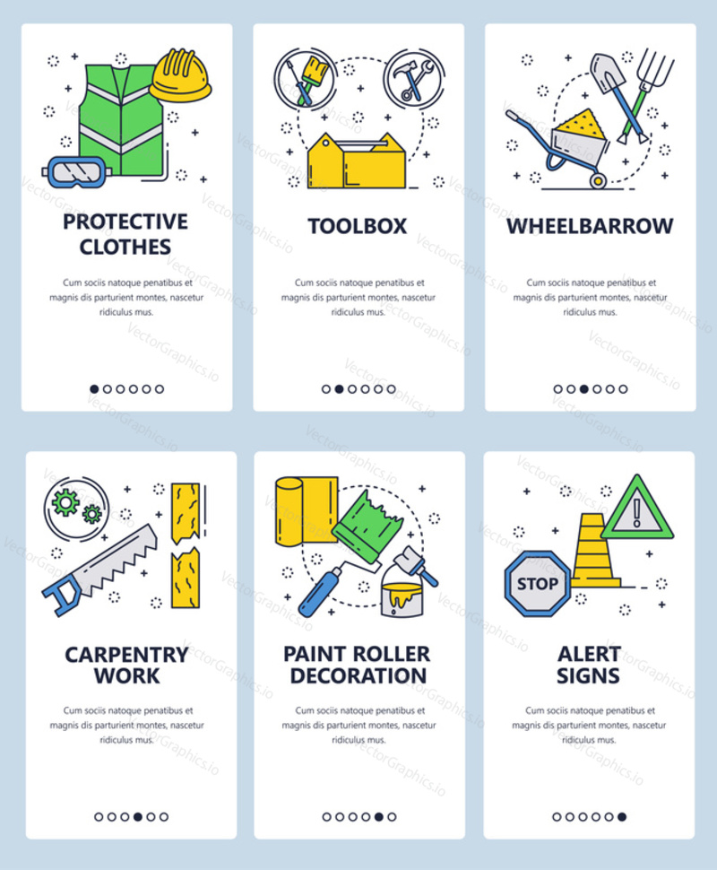 Vector set of mobile app onboarding screens. Protective clothes, Toolbox, Wheelbarrow, Carpentry work, Paint roller decoration, Alert signs web templates and banners. Thin line art flat icons for web.