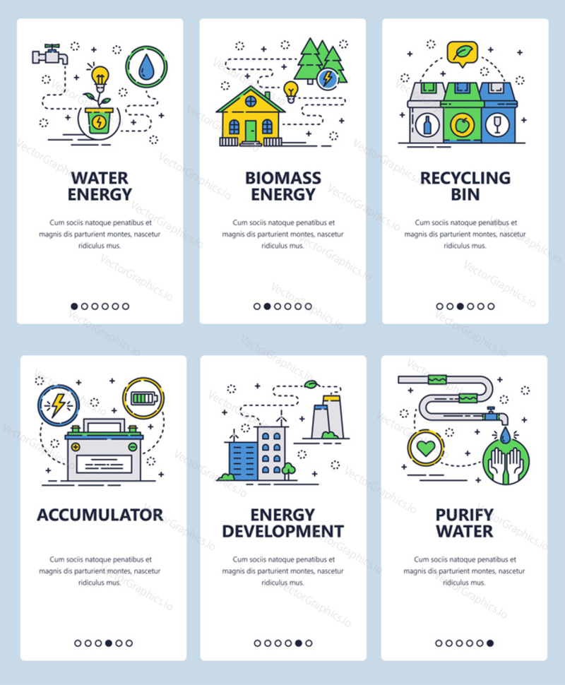 Vector set of mobile app onboarding screens. Water and biomass energy, Recycling bin, Accumulator, Energy development, Purify water web templates, banners. Thin line art flat icons for website menu.