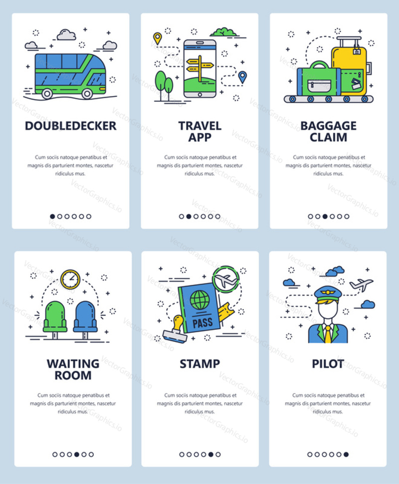 Vector set of mobile app onboarding screens. Doubledecker, Travel app, Baggage claim, Waiting room, Stamp, Pilot web templates and banners. Thin line art flat icons for website menu.