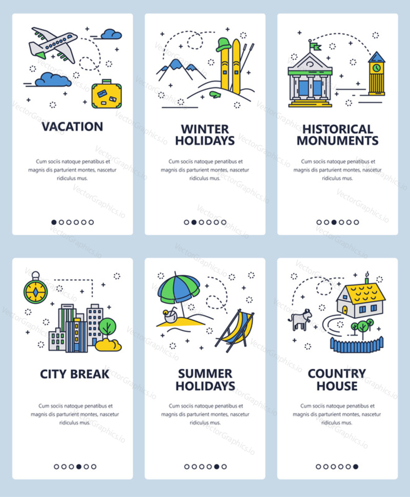 Vector set of mobile app onboarding screens. Vacation, Winter holidays, Historical monuments, City break, Summer holidays, Country house web templates banners. Thin line art flat icons for website.