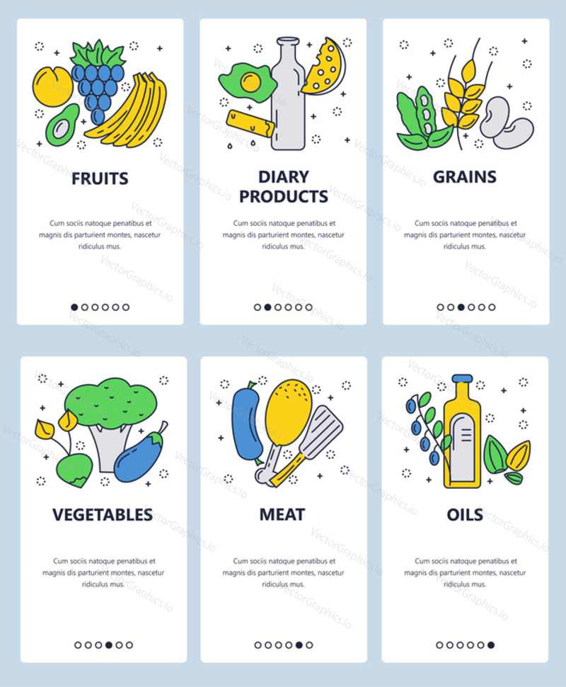 Vector set of mobile app onboarding screens. Fruits, Dairy products, Grains, Vegetables, Meat, Oils web templates and banners. Thin line art flat icons for website menu.