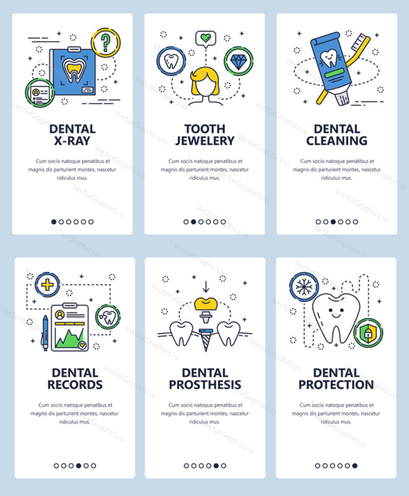 Vector set of mobile app onboarding screens. Dental x-ray, Tooth jewelery, Dental cleaning, records, prosthesis and protection web templates and banners. Thin line art flat icons for website menu.