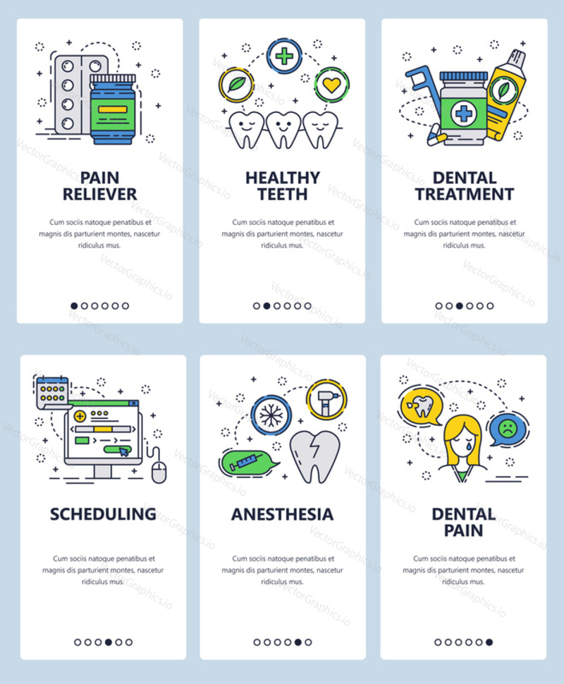 Vector set of mobile app onboarding screens. Pain reliever, Healthy teeth, Dental treatment, Scheduling, Anesthesia, Dental pain web templates and banners. Thin line art flat icons for website menu.
