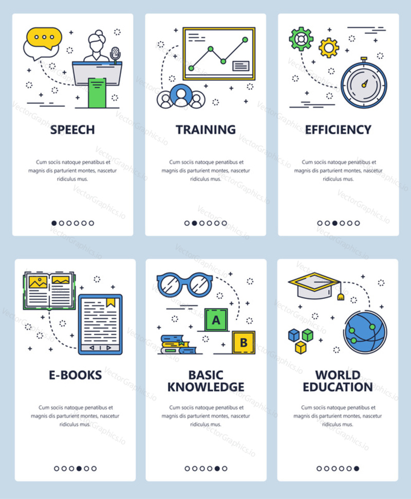 Vector set of mobile app onboarding screens. Speech, Training, Efficiency, E-books, Basic knowledge, World education web templates and banners. Thin line art flat icons for website menu.