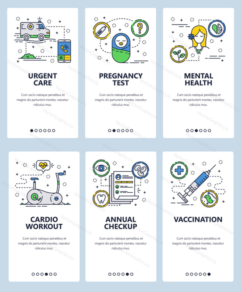 Vector set of mobile app onboarding screens. Urgent care, Pregnancy test, Mental health, Cardio workout, Annual checkup, Vaccination web templates, banners. Thin line art flat icons for website menu.