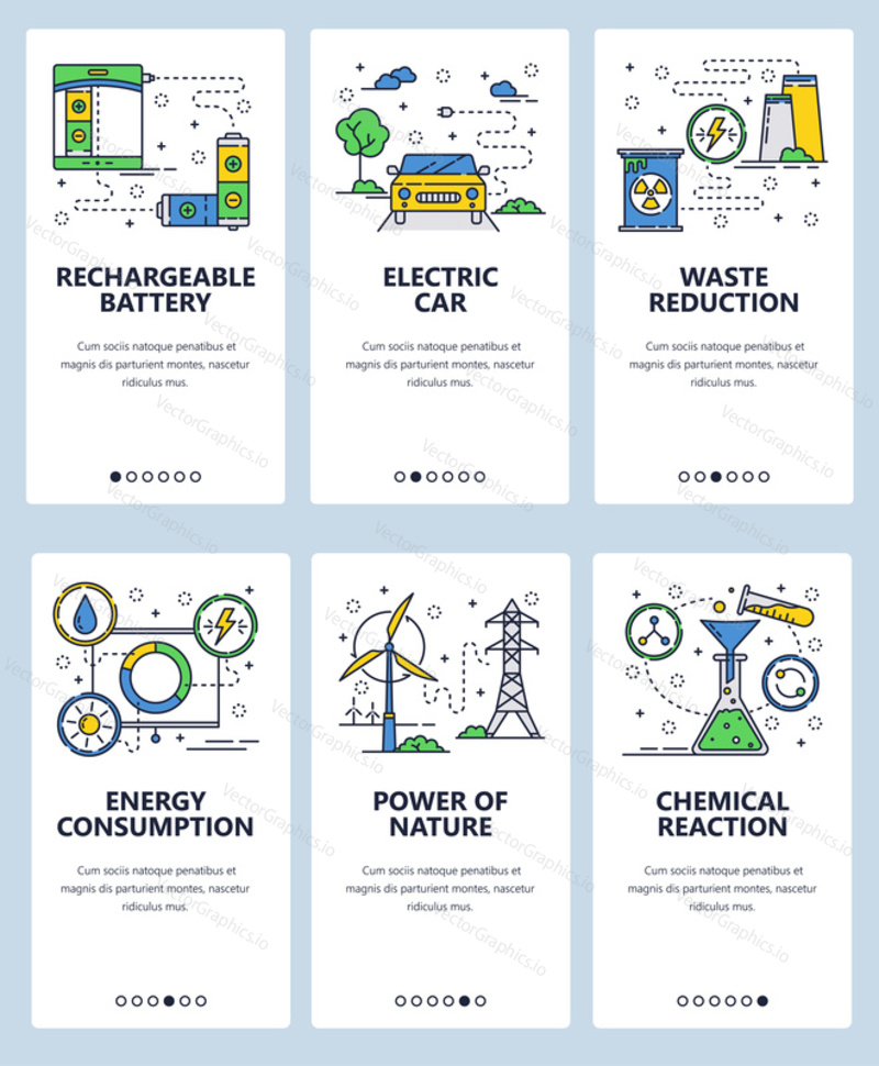 Vector set of mobile app onboarding screens. Rechargeable battery, Electric car, Waste reduction, Energy consumption, Power of nature, Chemical reaction web templates. Thin line art flat icons for web