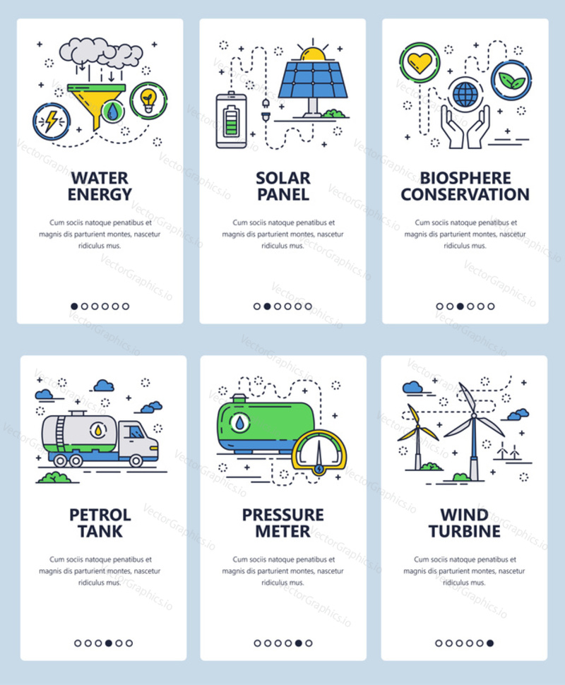 Vector set of mobile app onboarding screens. Water energy, Solar panel, Biosphere conservation, Petrol tank, Pressure meter, Wind turbine web templates and banners. Thin line art flat icons for web.