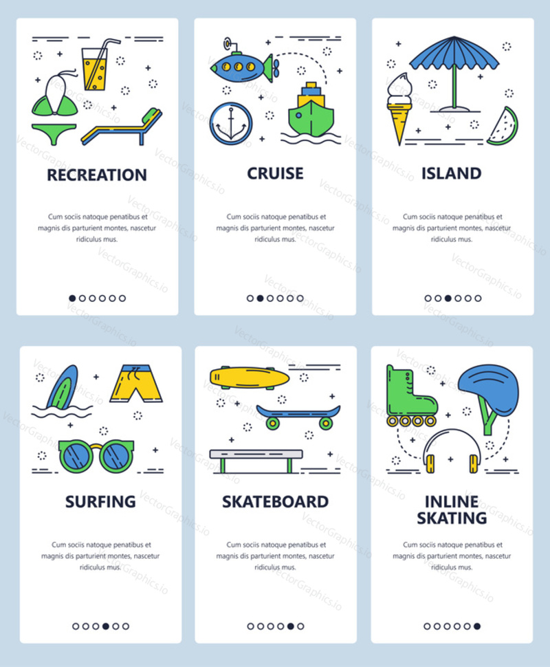 Vector set of mobile app onboarding screens. Recreation, Cruise, Island, Surfing, Skateboard, Inline skating web templates and banners. Thin line art flat icons for website menu.