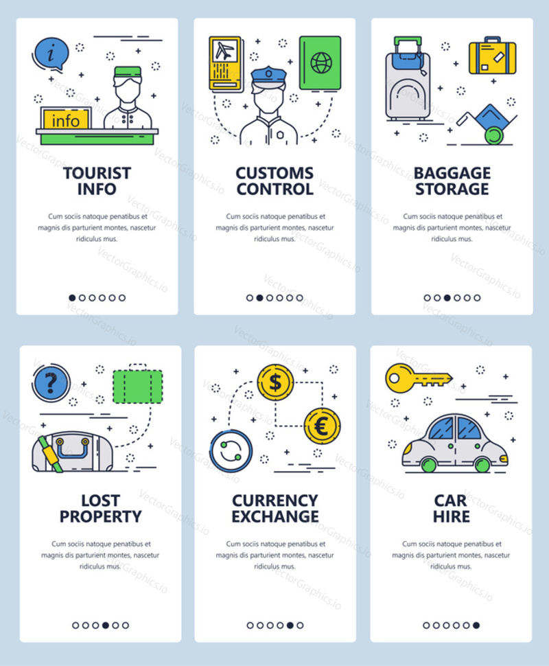 Vector set of mobile app onboarding screens. Tourist info, Customs control, Baggage storage, Lost property, Currency exchange, Car hire web templates banners. Thin line art flat icons for website menu