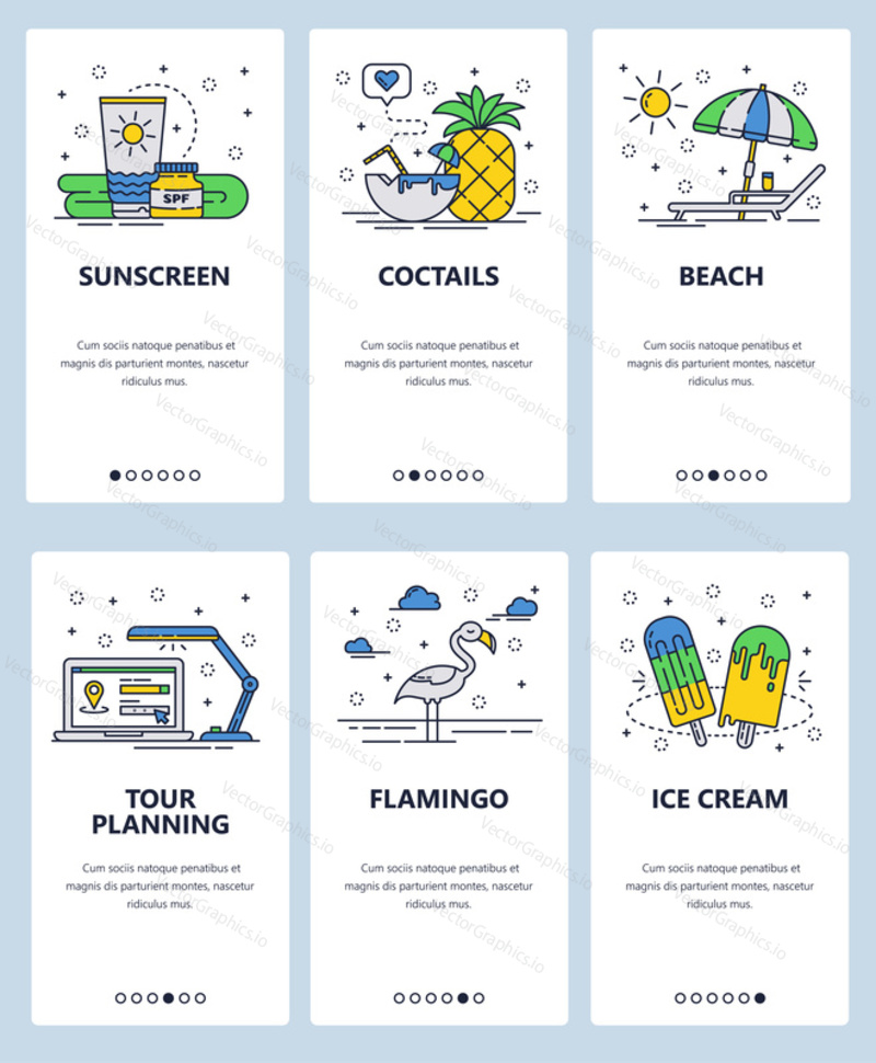 Vector set of mobile app onboarding screens. Sunscreen, Cocktails, Beach, Tour planning, Flamingo, Ice cream web templates and banners. Thin line art flat icons for website menu.