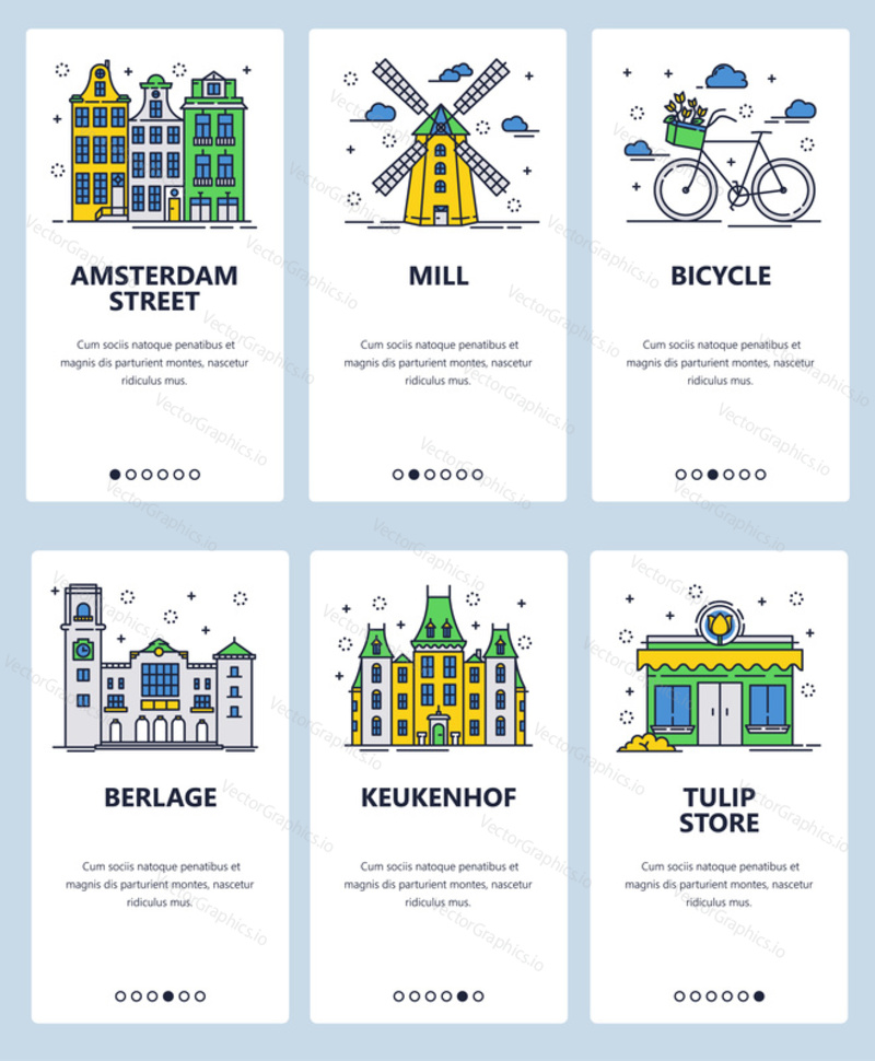 Vector set of mobile app onboarding screens. Amsterdam street, Mill, Bicycle, Berlage, Keukenhof, Tulip store web templates and banners. Thin line art flat icons for website menu.