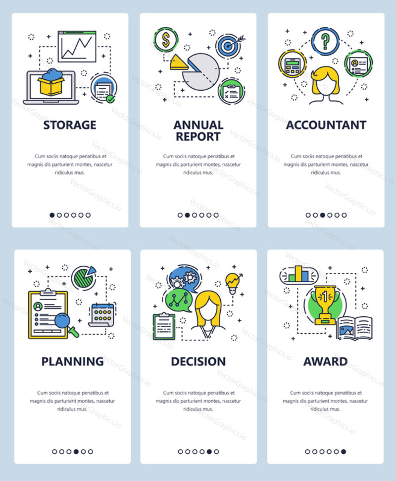 Vector set of mobile app onboarding screens. Storage, Annual report, Accountant, Planning, Decision, Award web templates and banners. Thin line art flat icons for website menu.
