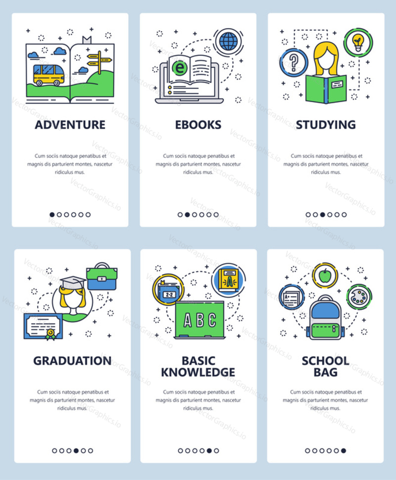 Vector set of mobile app onboarding screens. Adventure, Ebooks, Studying, Graduation, Basic knowledge, School bag web templates and banners. Thin line art flat icons for website menu.